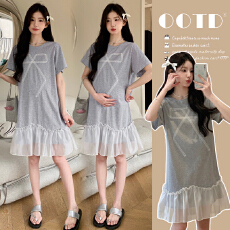 实拍孕妇夏装新款甜美减龄蝴蝶结连衣裙显瘦宽松拼接A字裙