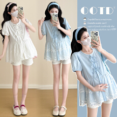 实拍孕妇夏季新款套装刺绣网纱拼接系带衬衣托腹短裤两件套