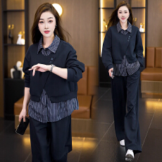 批发大码200斤欧货条纹衬衫领假两件上衣阔腿裤两件套女休闲套装