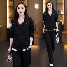 批发大码时尚休闲运动套装女胖mm宽松减龄条纹打底卫衣阔腿裤三件套