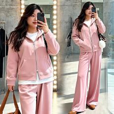 批发大码女装胖妹妹温柔韩系粉连帽卫衣阔腿<b class='q'>裤</b><b class='q'>套装</b>
