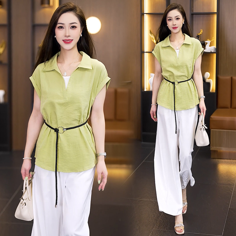2026 여름 새로운 패션 캐주얼 다용도 지방 mm 미니멀리즘 슬림해 보이는 반팔 셔츠 스트레이트 와이드 레그 팬츠 투피스 세트