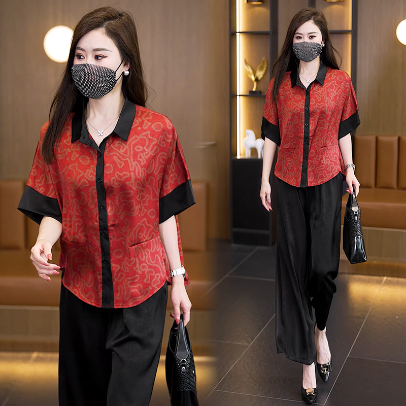중년 엄마 여름 드레스 패션 세트 루즈핏 와이드 레그 팬츠 외국 가스 빅 사이즈 여성 의류 아세트산 공단 고급 투피스 세트