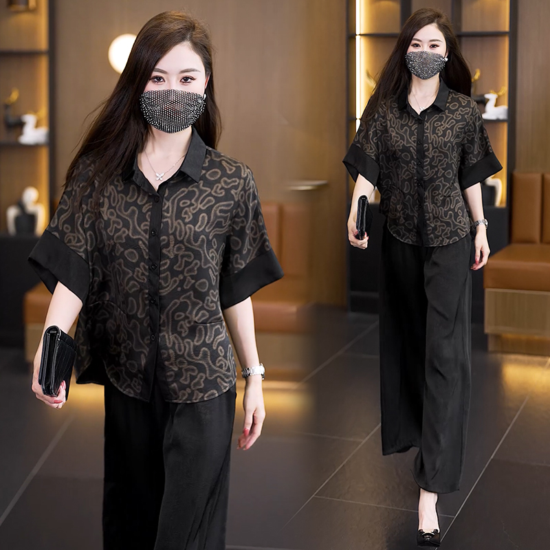 새로운 중식 국풍 외국 가스 다용도 품격 슬림해 보이는 세트 빅 사이즈 여성 의류 어머니 드레스 아세트산 공단 투피스 세트