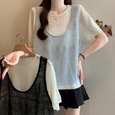 批发档口实拍2026<b class='q'>夏</b>大码针织拼色假两件T恤短袖宽松显瘦百搭上衣