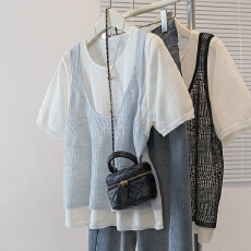 批发实拍2026<b class='q'>夏</b>大码针织拼色假两件T恤短袖宽松显瘦百搭上衣