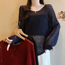 批发实拍26年春季新款大码洋气显瘦时尚减龄镂空长袖针织空调罩衫