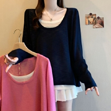 批发实拍26年春新款大码时尚法式穿搭撞色假两件宽松显瘦针织衫上衣