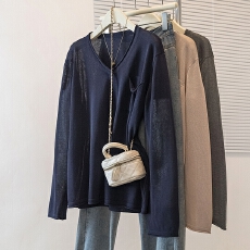 批发实拍26年早春新款大码时尚韩版显瘦宽松慵懒风针织长袖V领上衣