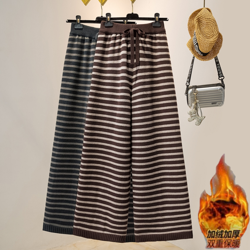 档口实拍加绒大码秋冬新款慵懒风条纹针织休闲裤松紧腰阔腿拖地裤