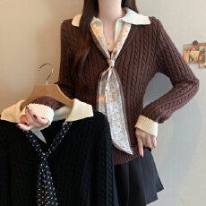 批发档口实拍<b class='q'>秋</b>冬新款大码气质polo领假两件修身时尚丝巾百搭针织毛衣