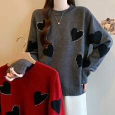 批发档口实拍秋冬新<b class='q'>大码</b>低领爱心红色毛衣内搭针织打底衫套头上衣洋气