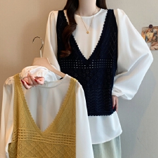 批发档口实拍26年春秋新大码两件套镂空针织钩花背心长袖圆领衬衫叠穿