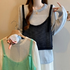 批发档口实拍26年春季新款大码纯色打底上衣休闲叠穿针织吊带假两件