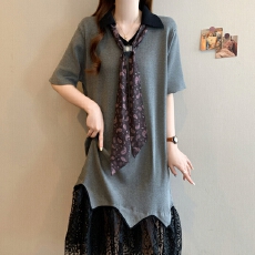 批发档口实拍26年夏季新款大码减龄针织过膝蕾丝拼接长款带领结<b class='q'>连衣裙</b>