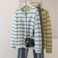 批发档口实拍26年夏季新款大码洋气慵懒宽松显瘦<b class='q'>圆领</b>撞色条纹<b class='q'>针织</b>衫