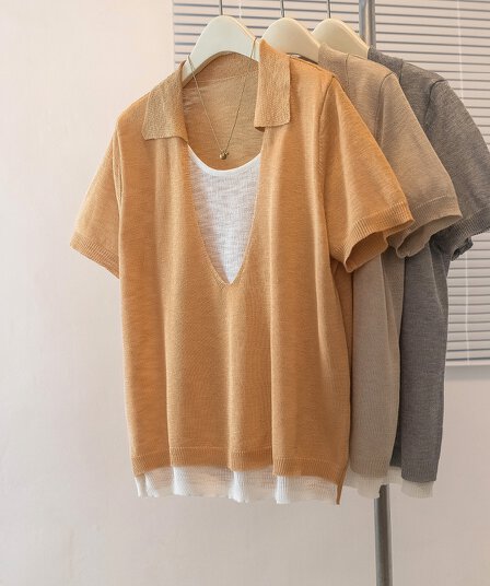 매장 실사 여름 새로운 빅 사이즈 패션 배색 패치워크 페이크 레이어드 POLO 칼라 슬림해 보이는 반팔 티셔츠 맨위