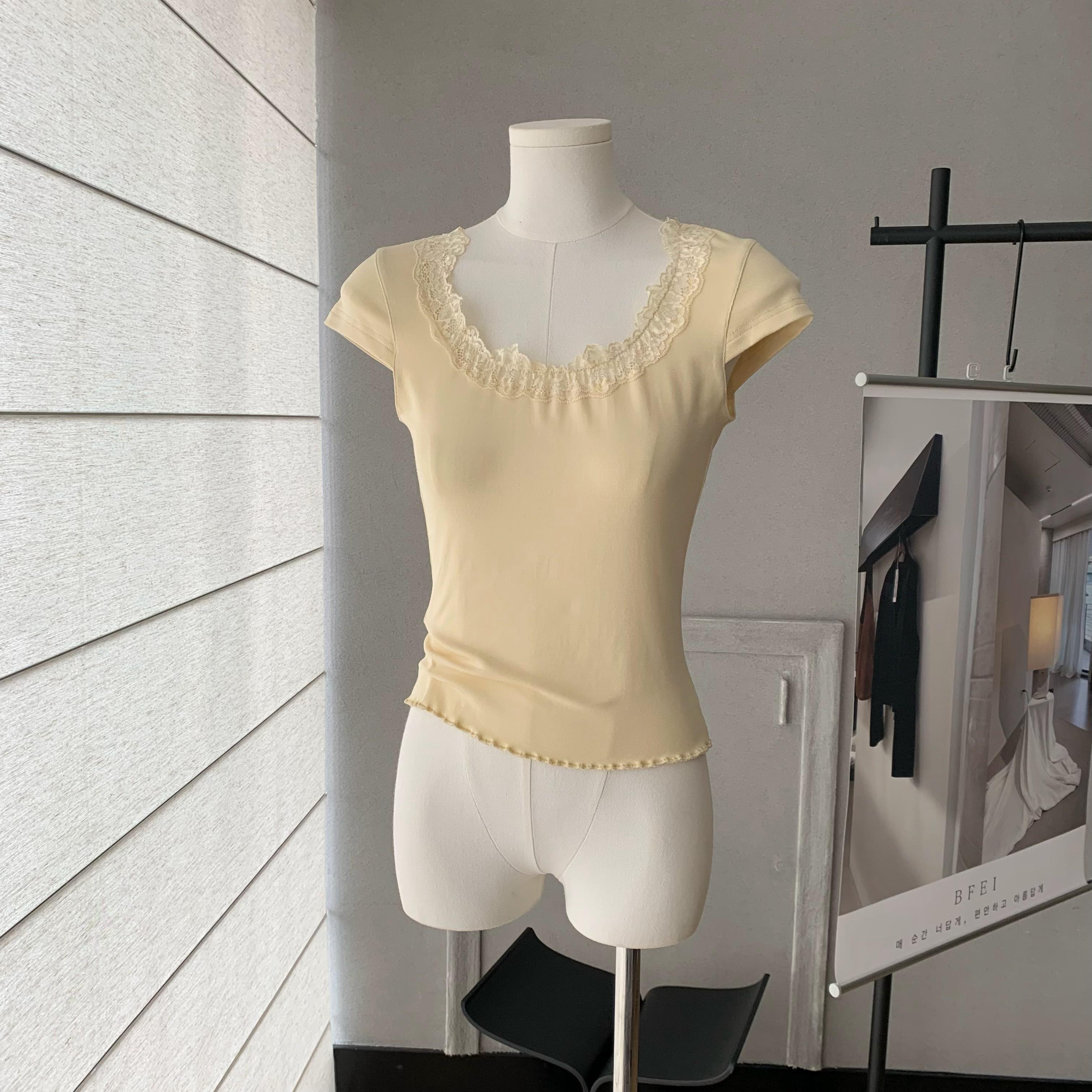 bigking 다이 킨 홈 얕은 욕망 마이크로 대 u 칼라 레이스 측면 반팔 티셔츠 여성 몸매 가꾸기 순수한 욕망 맨위