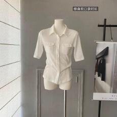 批发e go studio 亚麻棉中袖收身衬衫棉T女夏新款修身双口袋衬衣上衣