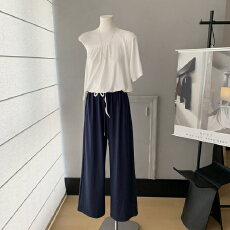 批发【Farte Shop】周末漫游 海军蓝色中腰抽绳休闲<b class='q'>裤</b>女春秋直筒卫<b class='q'>裤</b>
