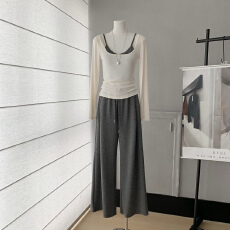 批发【Farte Shop】糯米小衫 撞色吊带长袖T恤两件套女<b class='q'>春</b>秋收腰上衣