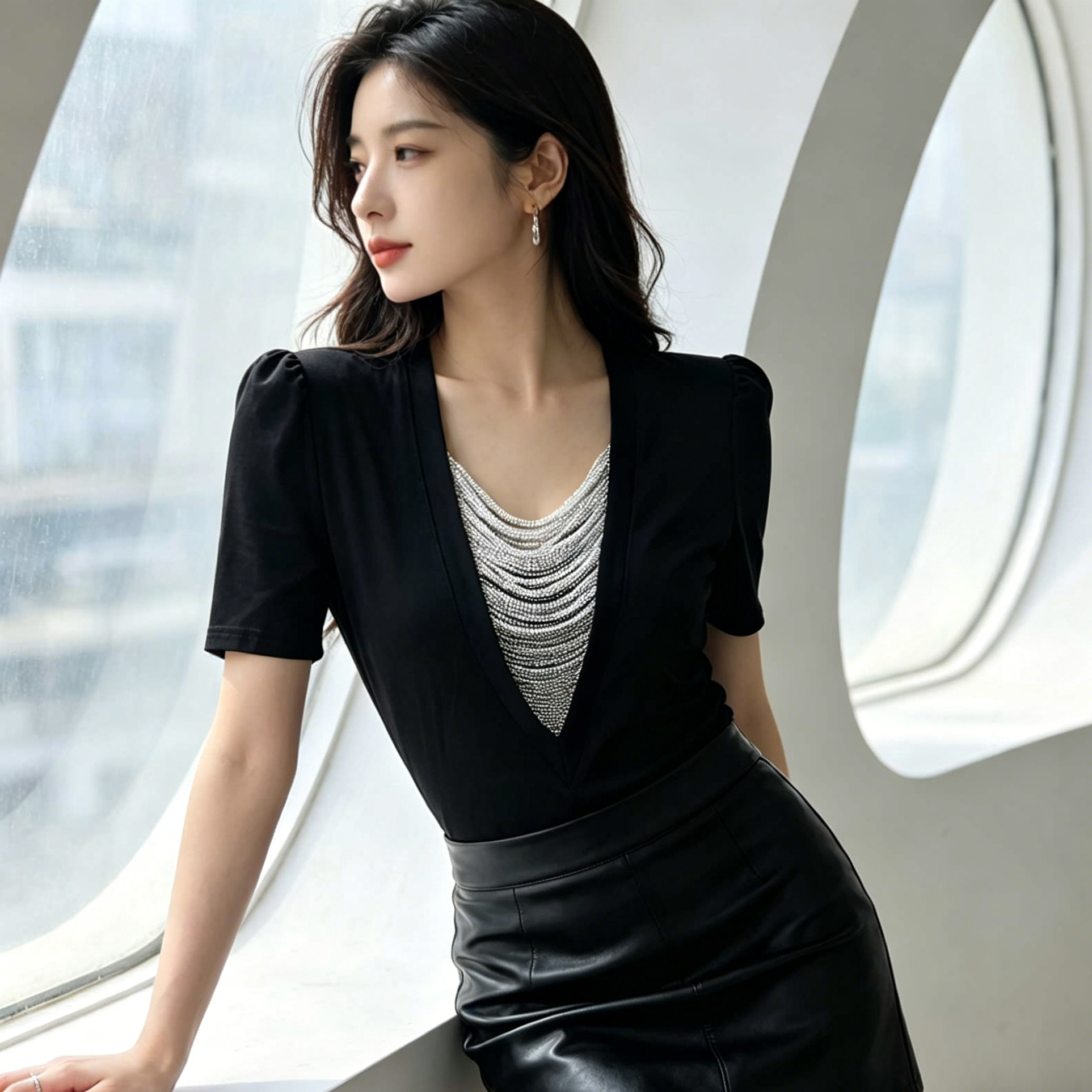 2026 여름 새로운 패션 몸매 가꾸기 V넥 다이아몬드 세팅 디자인 센스 고급 다용도 슬림해 보이는 반팔 티셔츠 작은 셔츠