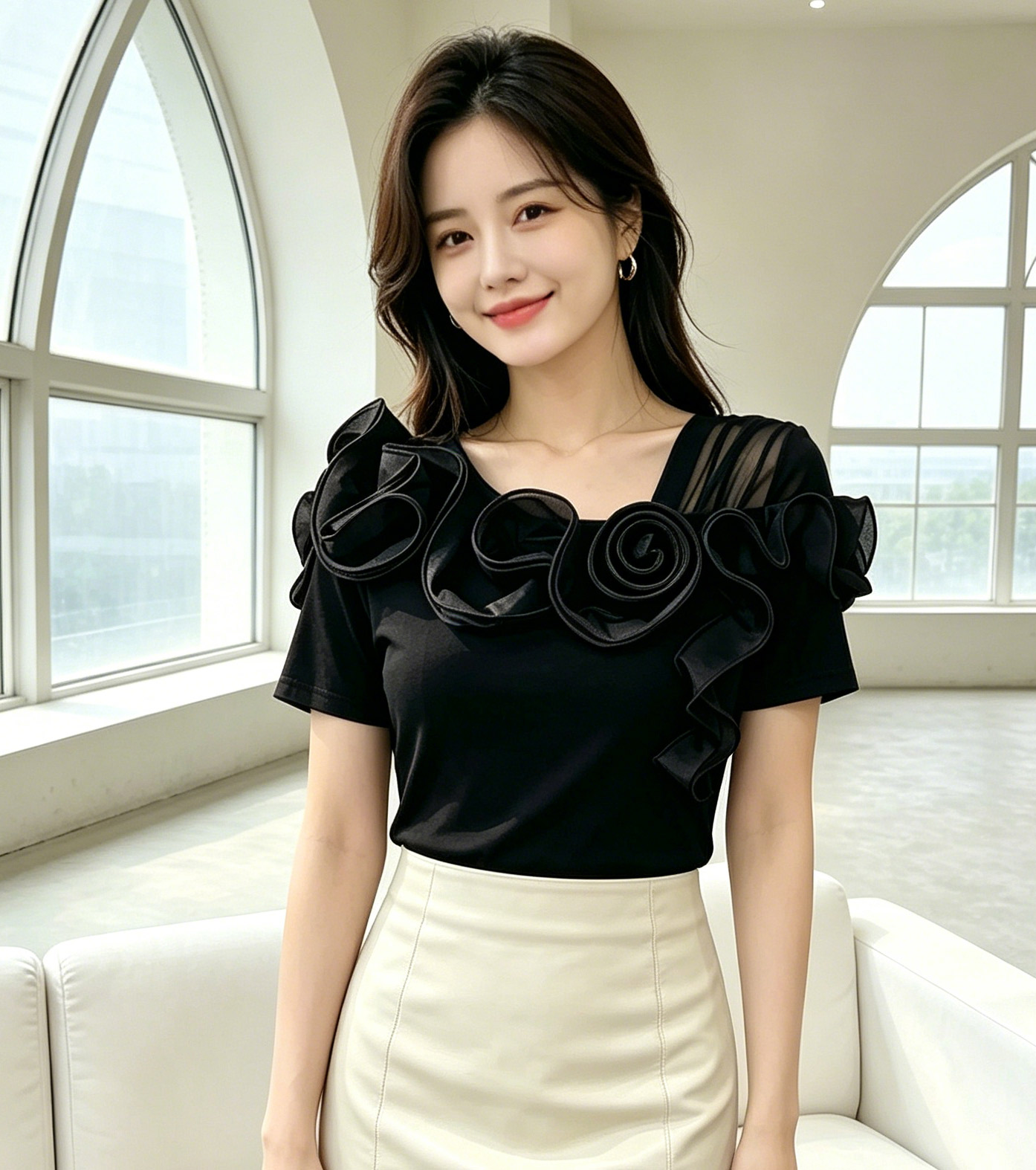 2026 여름 새로운 패션 꽃 프릴 다용도 망사 오프숄더 몸매 가꾸기 슬림해 보이는 반팔 티셔츠 작은 셔츠