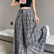 批发实拍现货复古格子阔腿裤女慵懒感高腰宽松直筒休闲西装裤裤裙