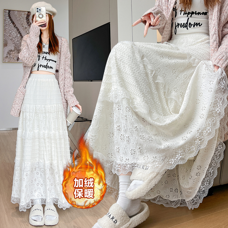 MY14425# 韩系甜美蕾丝加绒半身裙温柔高腰遮跨显瘦水貂毛蛋糕长裙女裝...