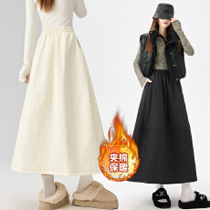 批发实拍 夹棉衍线半身裙女<b class='q'>秋</b>冬高腰显瘦拼接褶皱中长款a字花苞裙伞裙