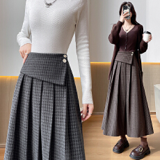 批发加厚格子毛呢半身裙女<b class='q'>秋</b>冬设计感高腰垂感百褶拼接a字中长款伞裙