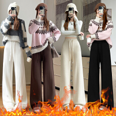 批发加绒加厚人字纹针织阔腿裤<b class='q'>女</b> 秋冬水貂绒宽松保暖休闲垂感直筒裤