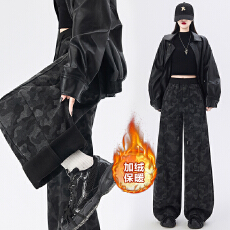 批发加绒<b class='q'>迷彩</b>羊绒弯刀<b class='q'>裤</b>女冬季保暖两穿美式螺纹腰宽松直筒休闲阔腿<b class='q'>裤</b>