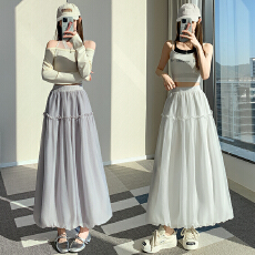 批发甜妹学院风花苞裙女2026新款高腰a字伞裙流光纱中长款蓬蓬半身裙