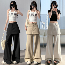 批发实拍洗水棉美式设计感屁帘拼接阔腿裤<b class='q'>女</b>辣妹假两件显瘦微喇<b class='q'>休闲裤</b>