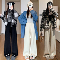 批发流苏重工针织阔腿裤女2026秋季新款松紧腰百搭高腰显瘦拖地休闲裤