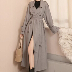 批发大码双排扣条纹风衣外套女2026春季宽松高级感重工系带<b class='q'>中长款</b>大衣