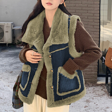 批发牛仔马甲拼接绒仿水貂毛外套女<b class='q'>冬</b>季2025新款保暖小香风立领马夹女