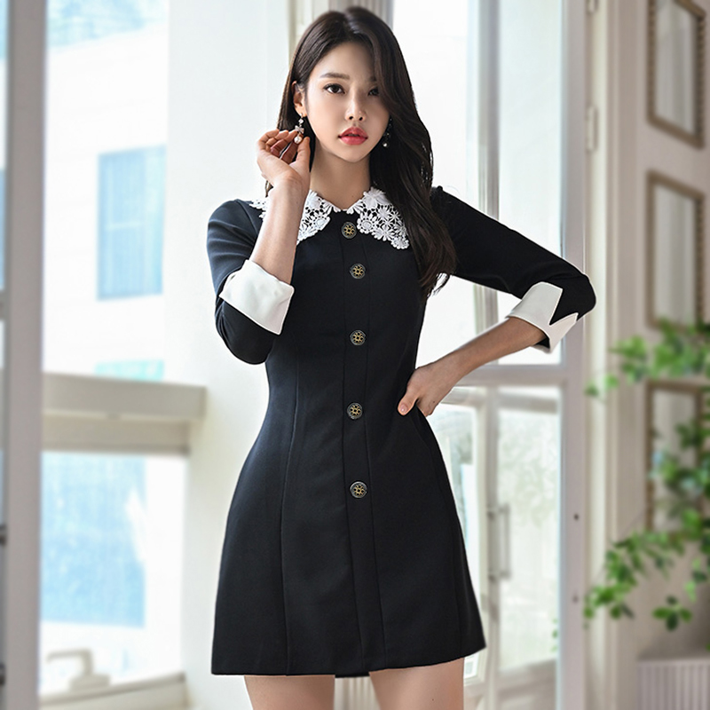 RY2630# 小黑裙法式甜美高级感蕾丝娃娃领小个子连衣裙女2026新款春秋季款