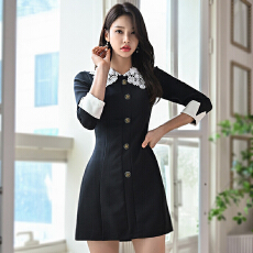 批发小黑裙法式甜美高级感蕾丝娃娃领小个子<b class='q'>连衣裙</b>女2026新款春秋季款