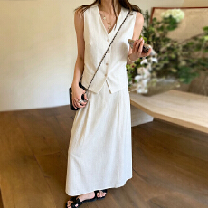 批发老钱风V领<b class='q'>西装</b>马甲背心女外穿复古显瘦夏季2026新款<b class='q'>棉麻</b>裙子套装