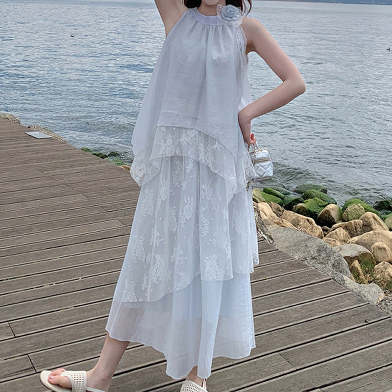 프랑스식 달콤함 파란색 행침 목 여성 드레스 여름 새로운 해변가 휴가 바람 요정 슈퍼 요정 투피스 슈트