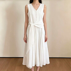 批发法式度假风甜美收腰无袖连衣裙女2026夏季新款显瘦减龄<b class='q'>中长款</b>裙子