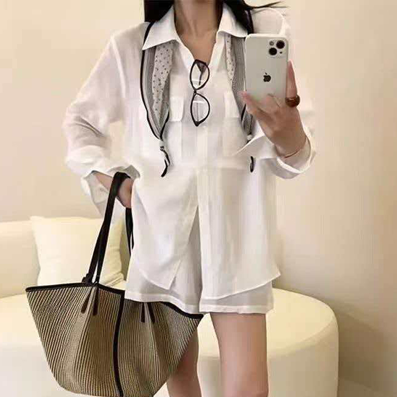화이트 라미 자외선 차단 여성 셔츠 여름 2026 오래된 돈 바람 느슨함 센스 느긋한 바람 아마 긴팔 셔츠 세트