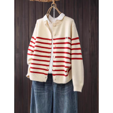 批发<b class='q'>文艺</b><b class='q'>范</b>韩风条纹毛线洋气圆领针织开衫女早秋新款叠穿百搭毛衣外套