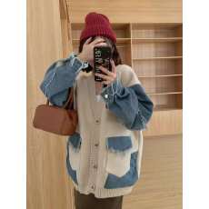 批发秋冬新款流行开衫毛衣高级感设计感小众宽松<b class='q'>牛仔</b>拼接外套上衣潮