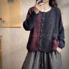 批发秋季新款复古新中式砂洗做旧撞色拼接针织开衫宽松<b class='q'>大码</b>休闲外套女