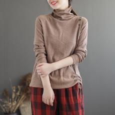 批发2026春季新款简约抽绳高领针织衫长袖百搭宽松套头打底衫女毛衣