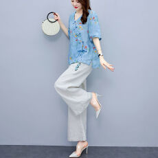 批发盘扣苎麻阔腿裤套装女夏季2026新款<b class='q'>时尚</b>休闲民族风妈妈棉麻两件套