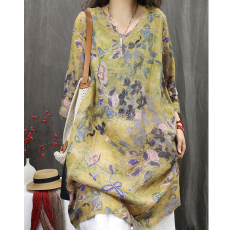 批发2026夏季新款苎麻印花<b class='q'>复古</b>休闲衬衫宽松V领中长款文艺衬衫裙